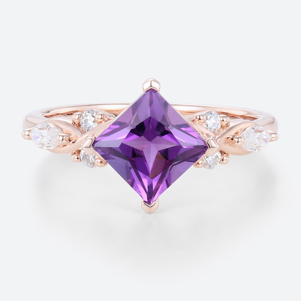 Rose Gold 1.3ct Amethyst Wedding Ring Princess Cut Ring Cluster Ring Gemstone