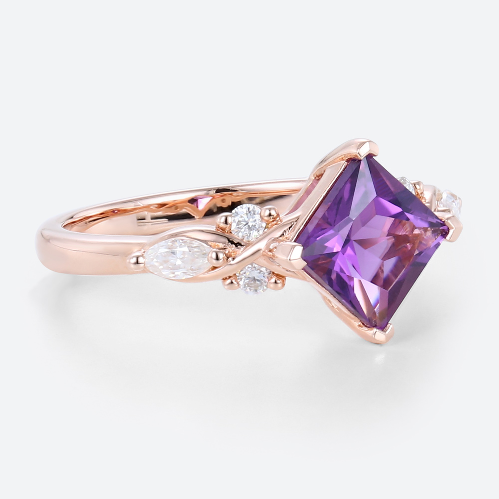 Rose Gold 1.3ct Amethyst Wedding Ring Princess Cut Ring Cluster Ring Gemstone