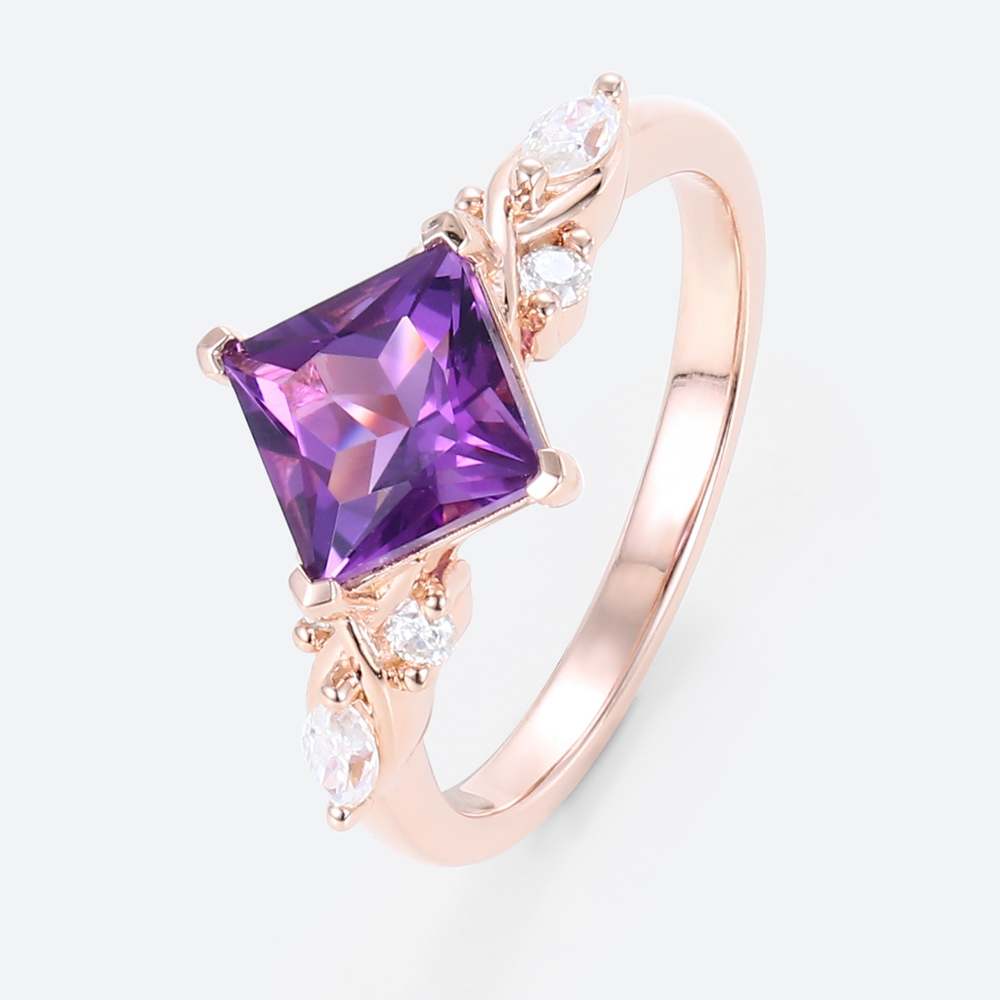 Rose Gold 1.3ct Amethyst Wedding Ring Princess Cut Ring Cluster Ring Gemstone