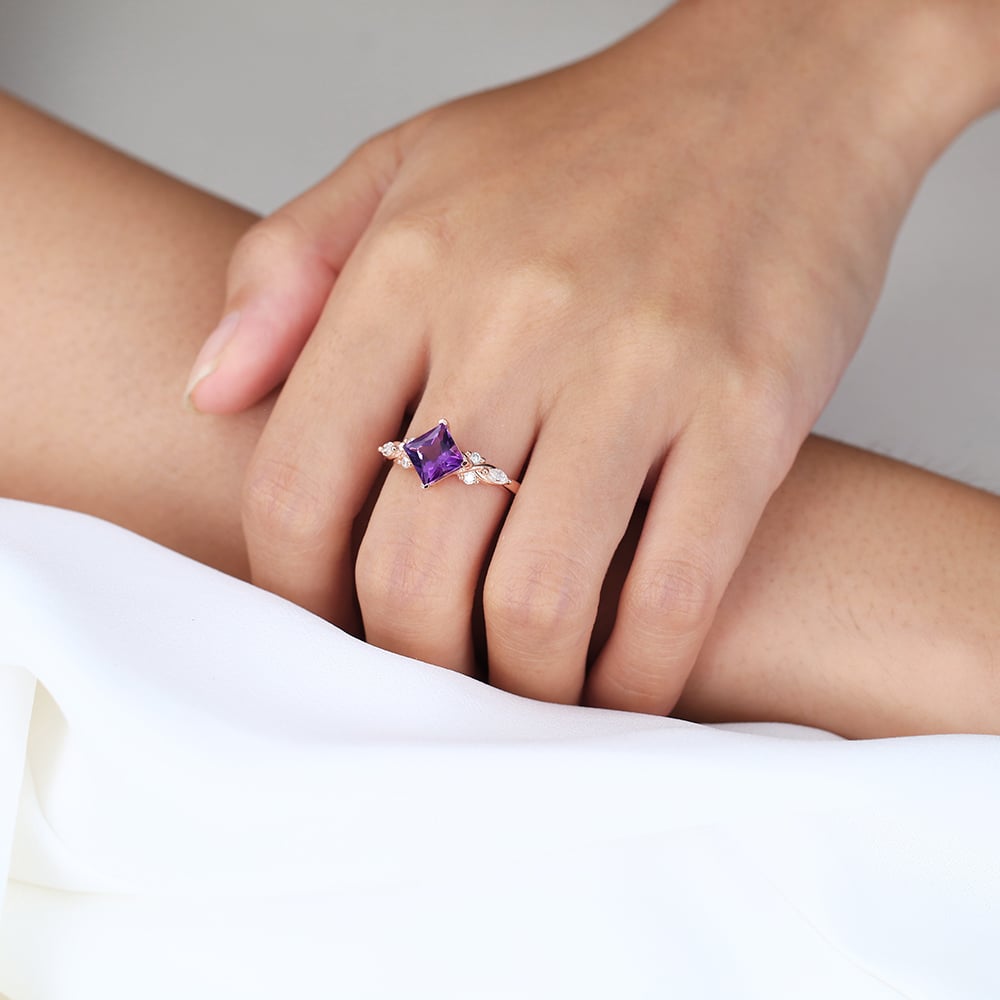 Rose Gold 1.3ct Amethyst Wedding Ring Princess Cut Ring Cluster Ring Gemstone