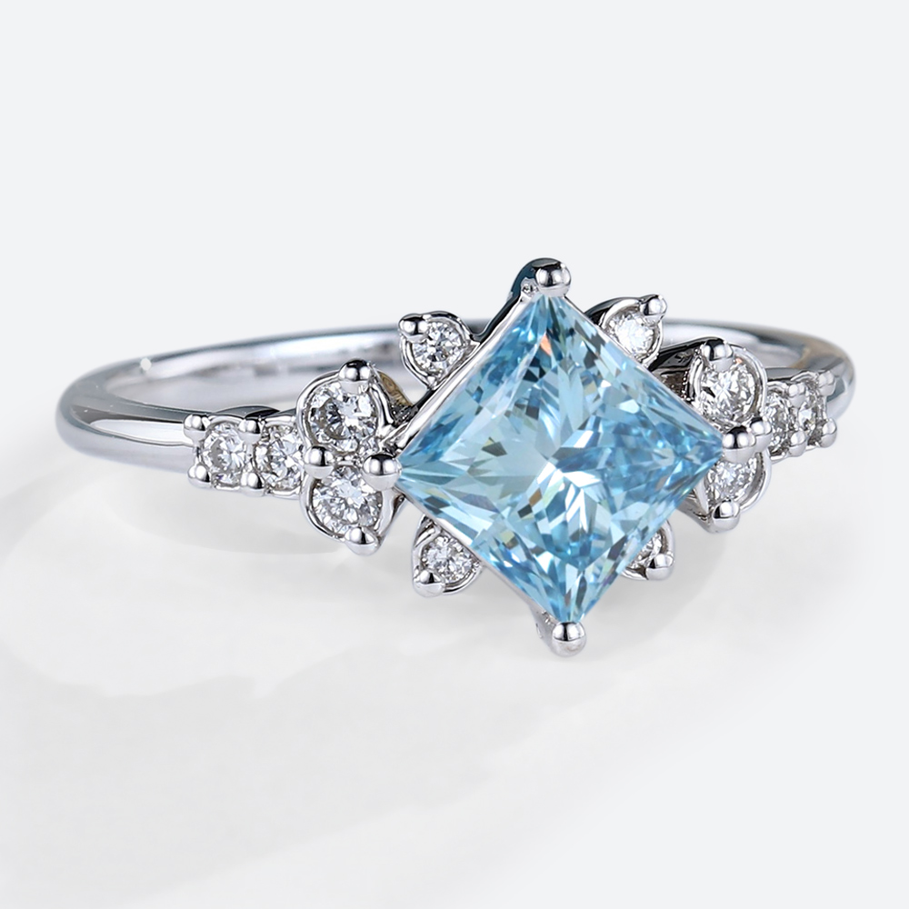 Princess Cut Blue Diamond Ring​ 1.5ct Fancy Blue Lab Promise Ring in White Gold