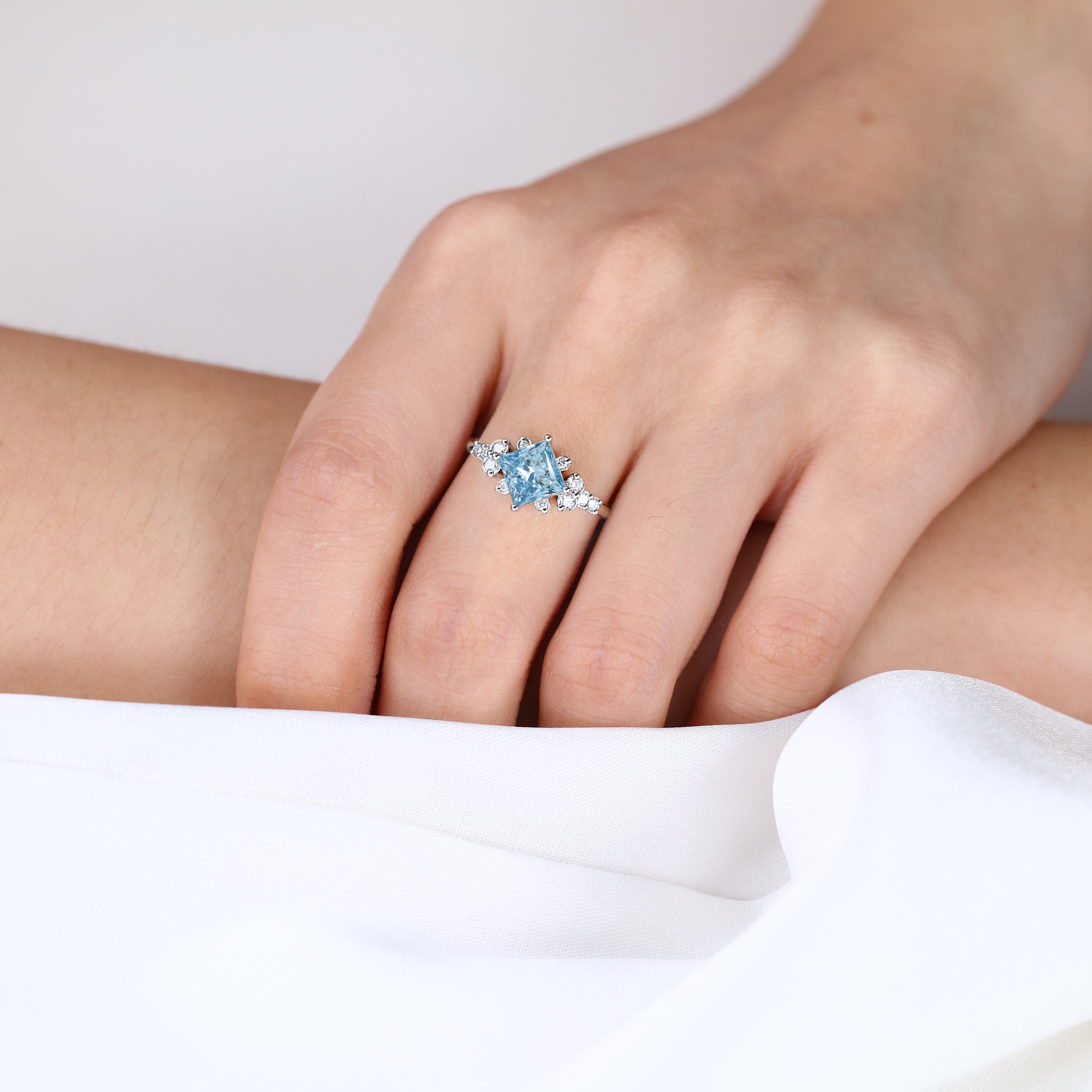 Princess Cut Blue Diamond Ring​ 1.5ct Fancy Blue Lab Promise Ring in White Gold