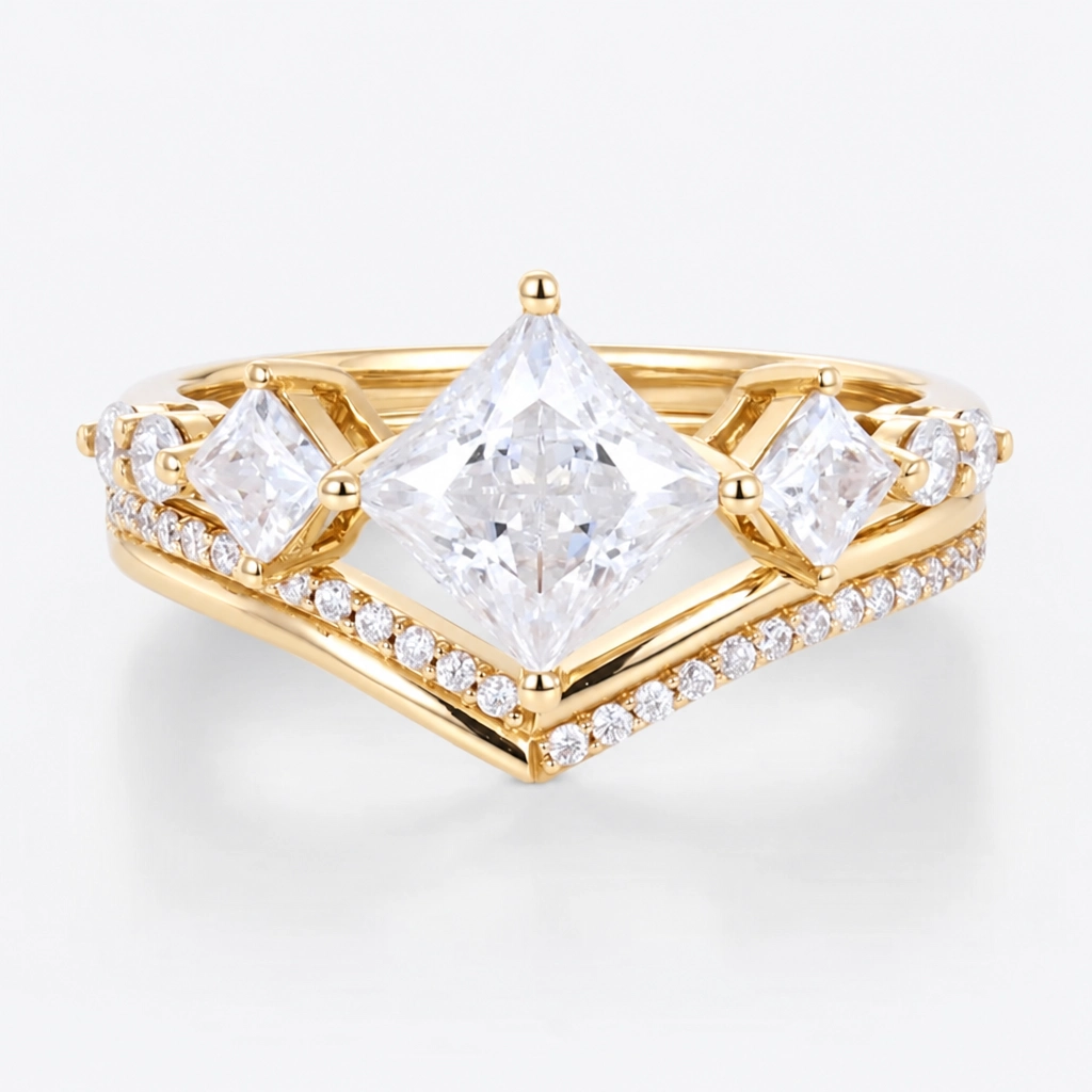 1ct Princess Cut Lab Grown Diamond Art Deco Bridal Ring Set in Rose Gold