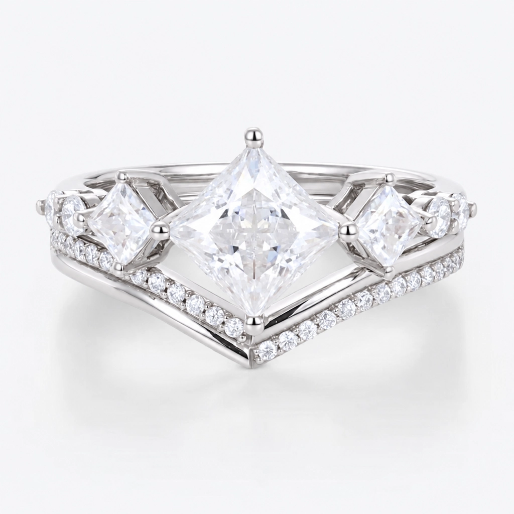 1ct Princess Cut Lab Grown Diamond Art Deco Bridal Ring Set in Rose Gold