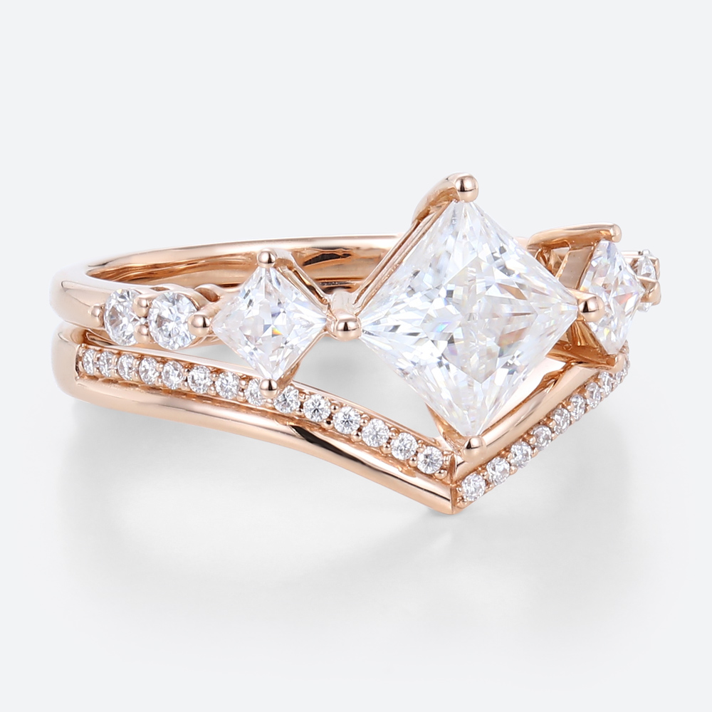 Rose Gold Princess Cut Engagement Ring Set 1 Ct Lab Grown Diamond Curved Ring