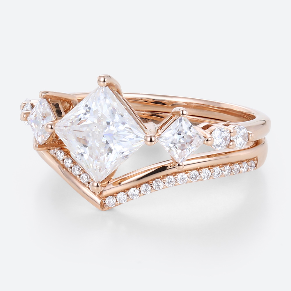 Rose Gold Princess Cut Engagement Ring Set 1 Ct Lab Grown Diamond Curved Ring