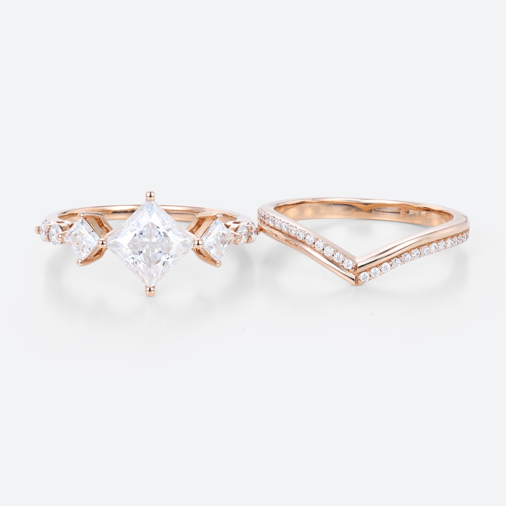 Rose Gold Princess Cut Engagement Ring Set 1 Ct Lab Grown Diamond Curved Ring