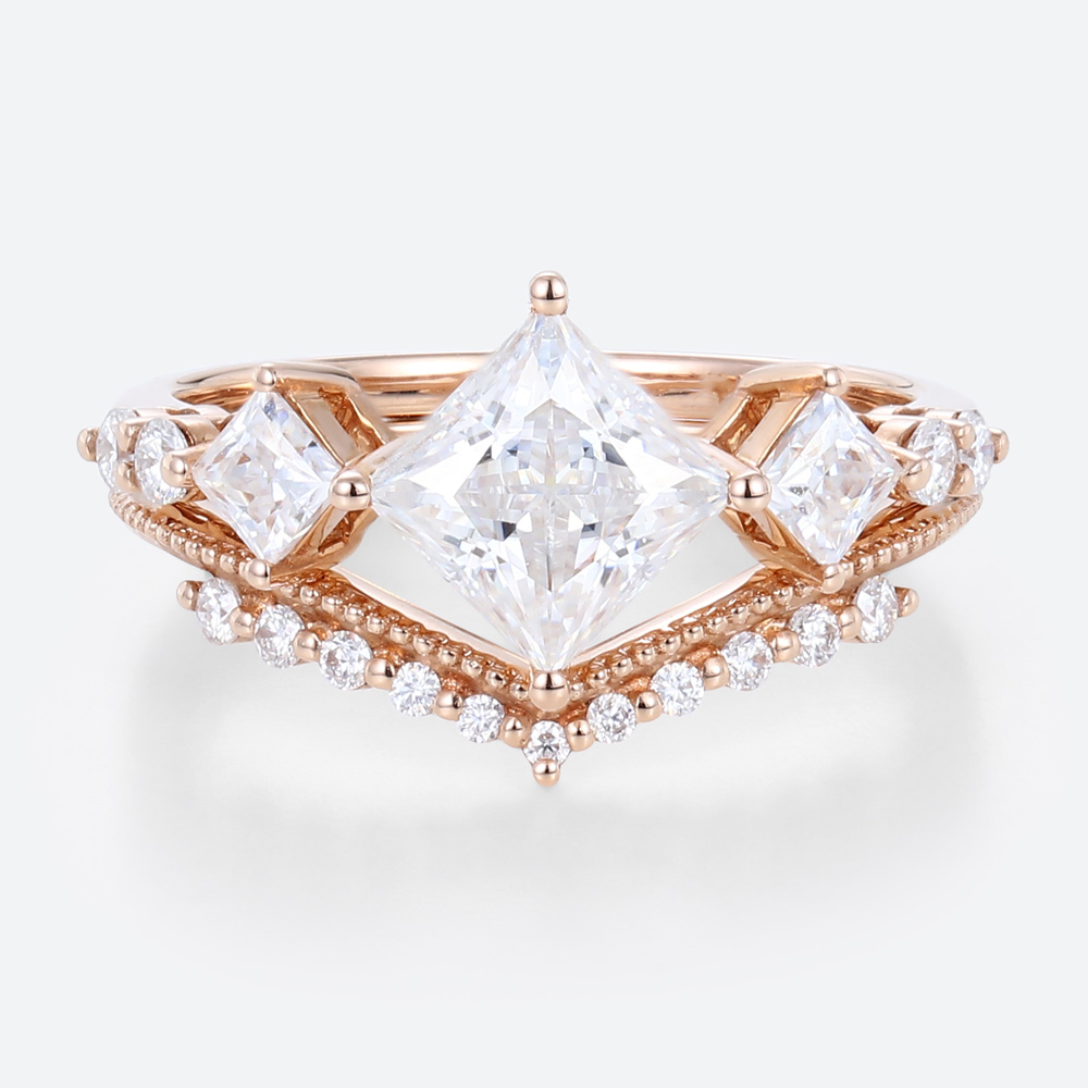 Princess Cut Wedding Ring Sets Lab Diamond Ring with Curved Wedding Ring