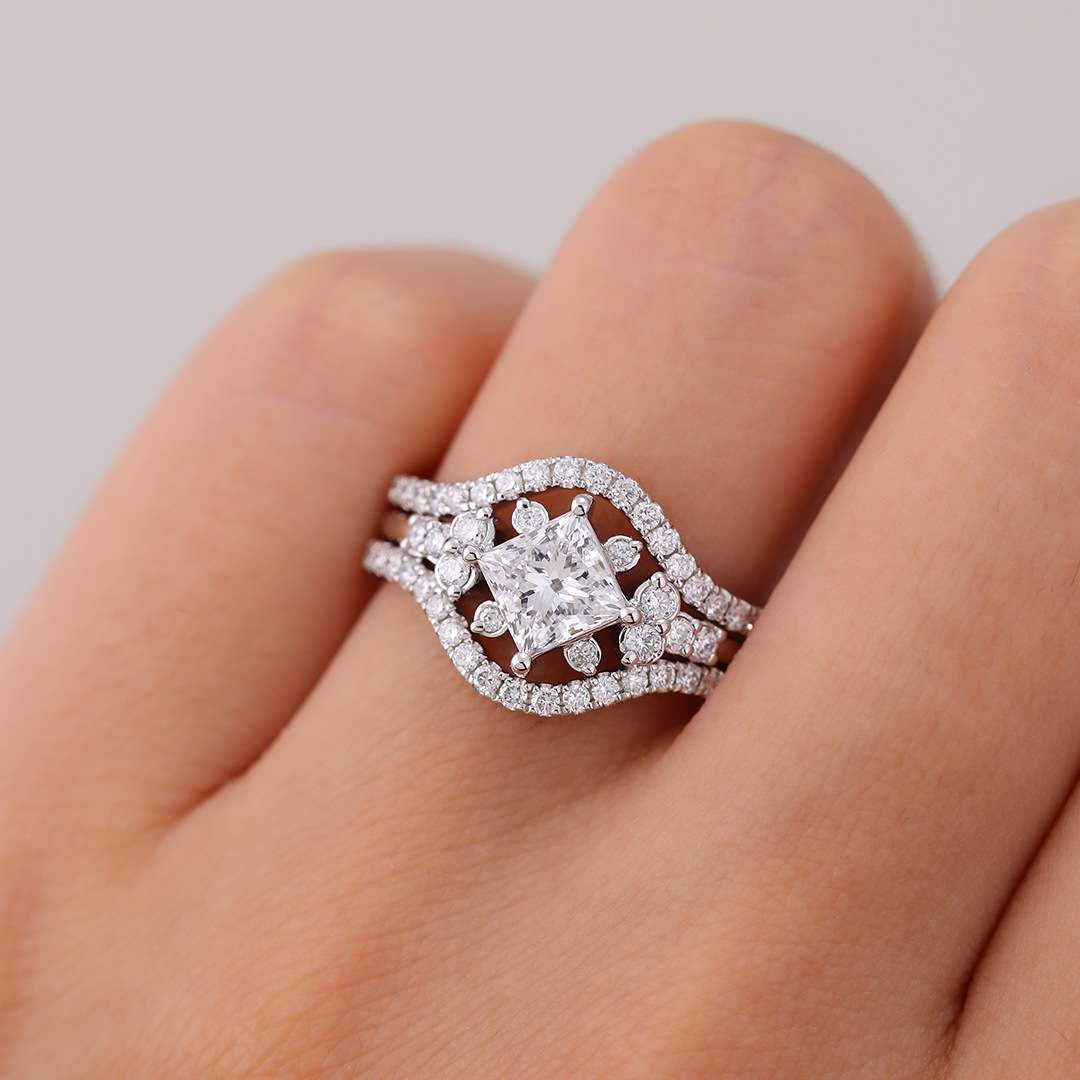 2PCS White Gold Princess Cut Lab Grown Diamond Ring Bridal Set