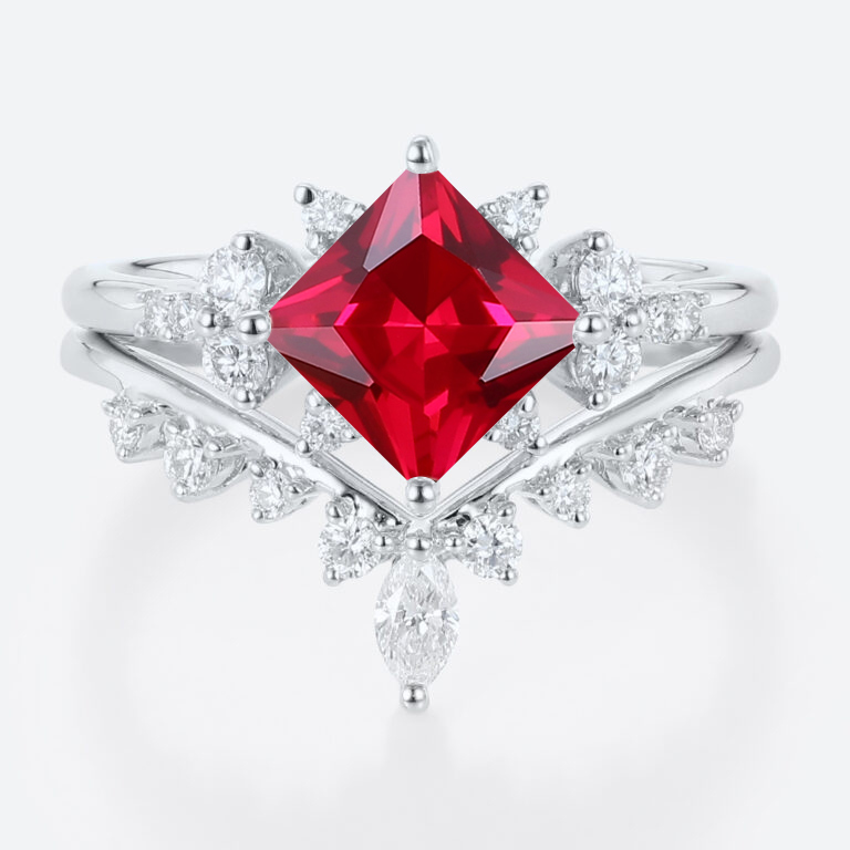 Lab Ruby Wedding Rings Set Princess Cut Ruby Cluster Engagement Ring with Curved Wedding Band in White Gold