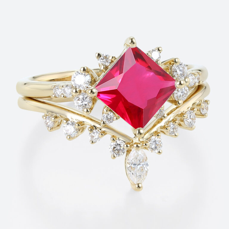 Lab Ruby Wedding Rings Set Princess Cut Ruby Cluster Engagement Ring with Curved Wedding Band in Yellow Gold
