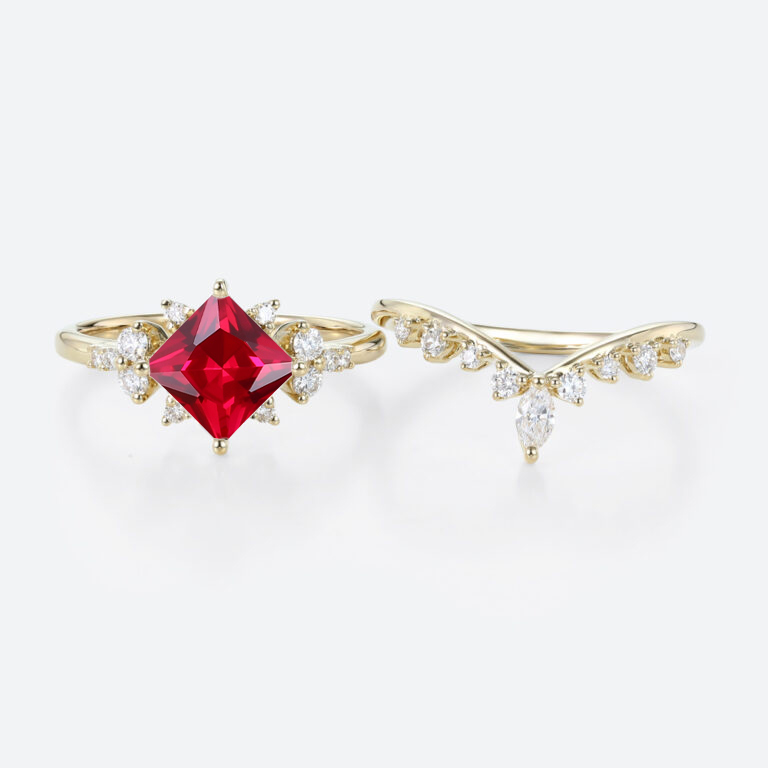Lab Ruby Wedding Rings Set Princess Cut Ruby Cluster Engagement Ring with Curved Wedding Band in Yellow Gold