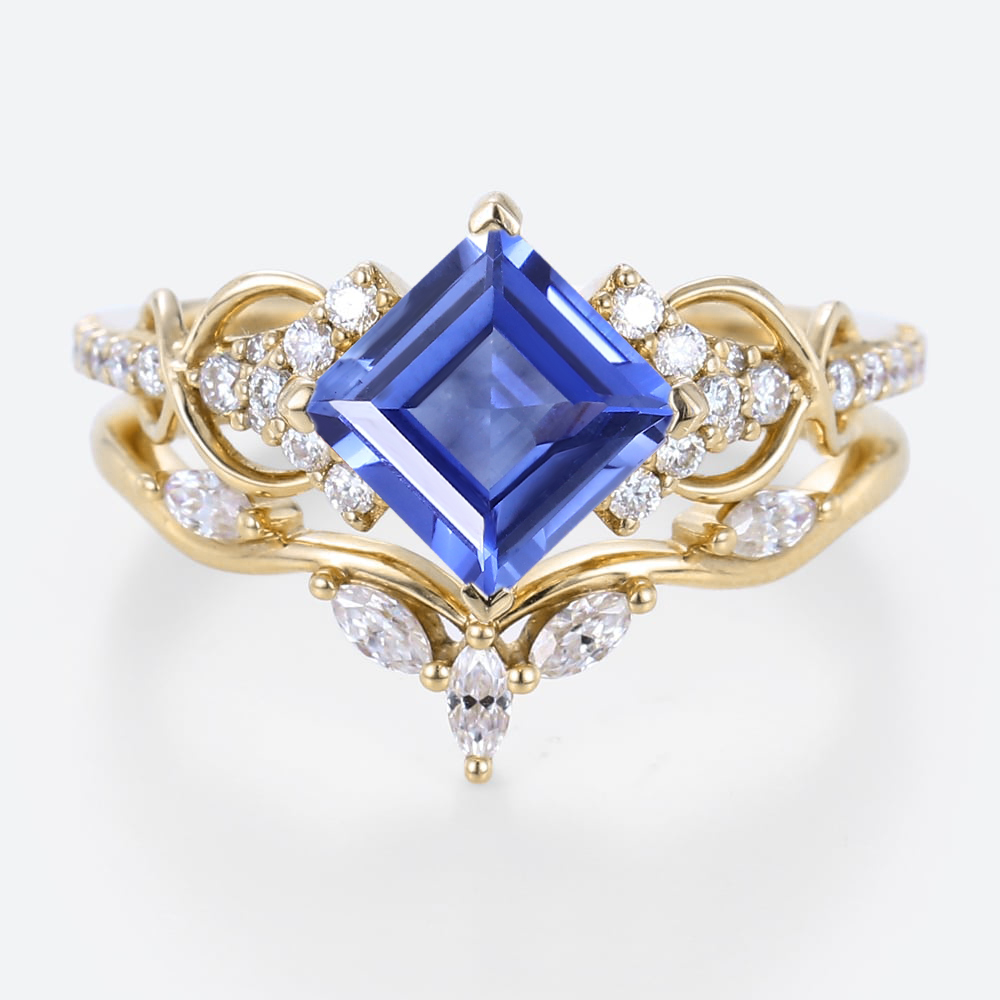 1.4ct Princess Cut Infinity Lab Sapphire Ring Set with Curved Leaf Band in Yellow Gold