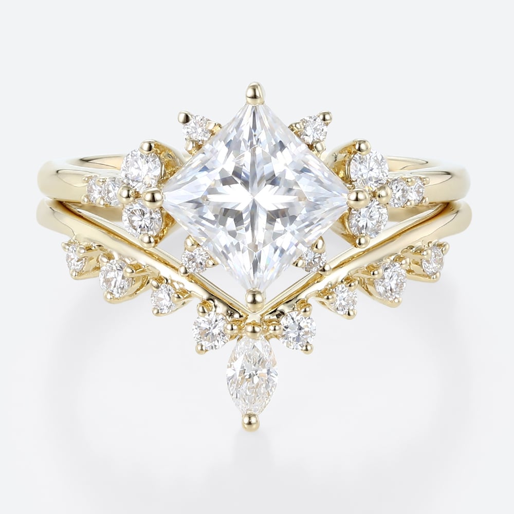 Princess Cut Moissanite Cluster Engagement Ring Set with Curved Wedding Band (1)