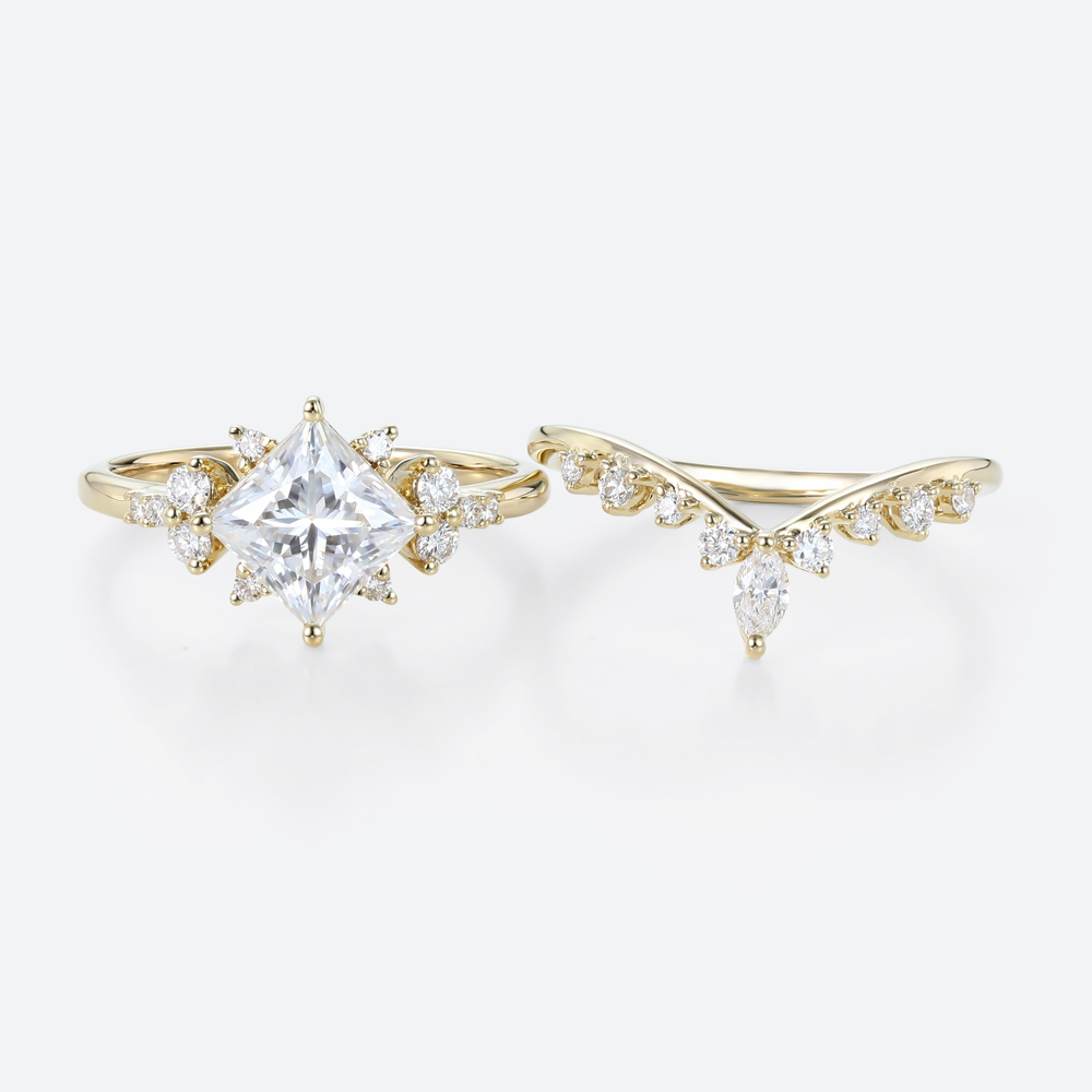 Princess Cut Moissanite Cluster Engagement Ring Set with Curved Wedding Band (2)