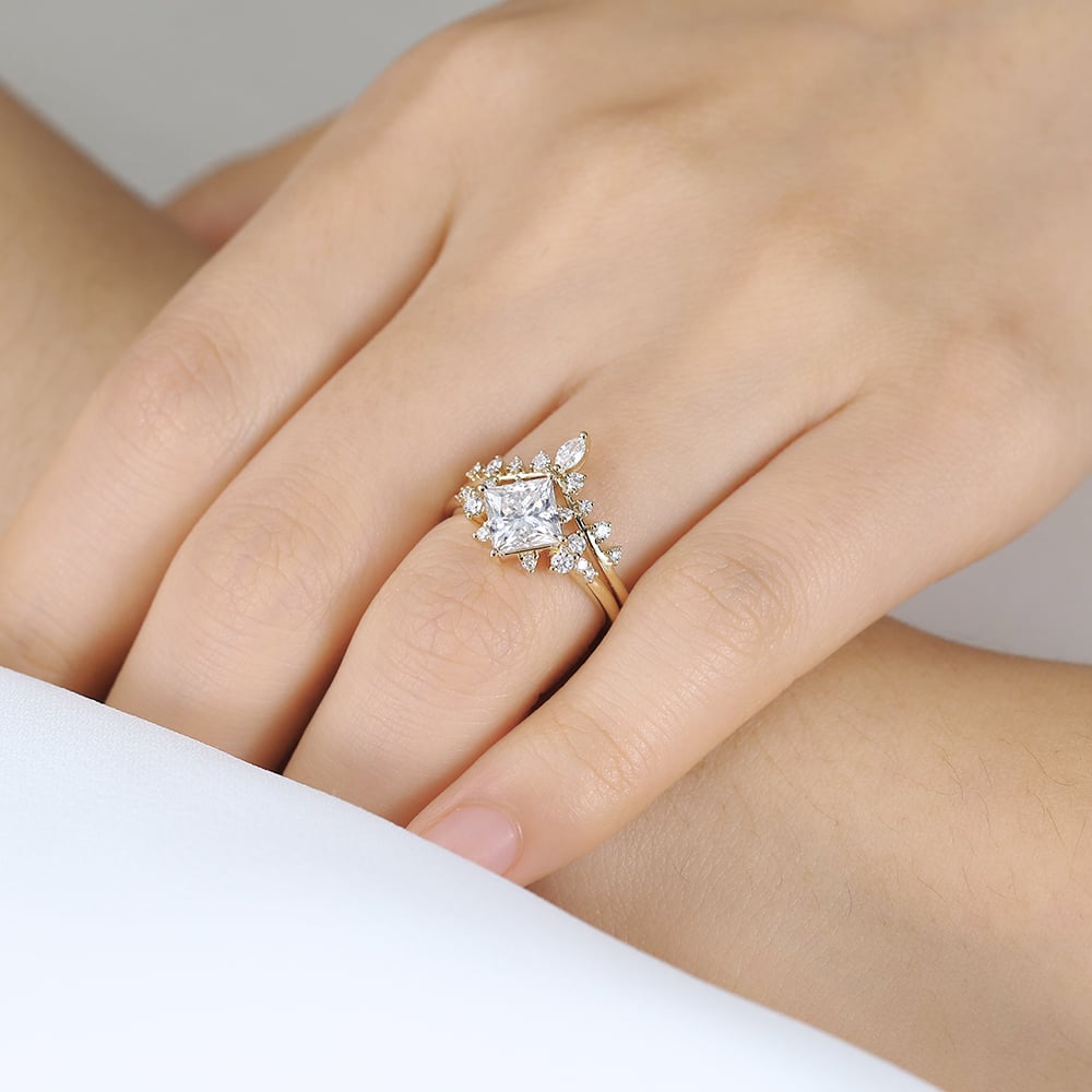 Princess Cut Moissanite Cluster Engagement Ring Set with Curved Wedding Band (3)