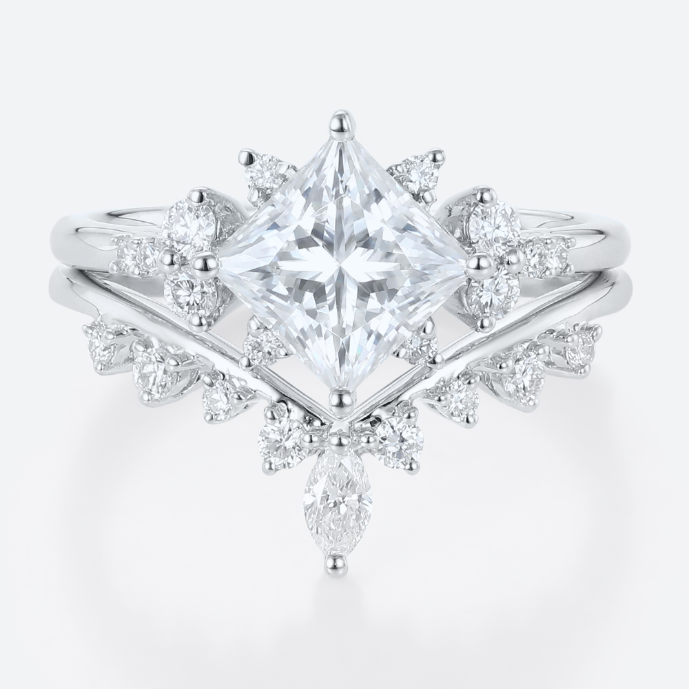 Princess Cut Moissanite Cluster Engagement Ring Set with Curved Wedding Band (4)