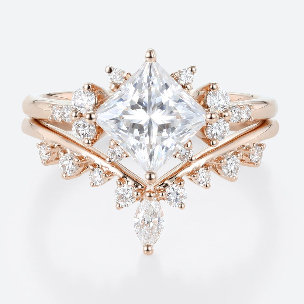 Princess Cut Moissanite Cluster Engagement Ring Set with Curved Wedding Band (5)
