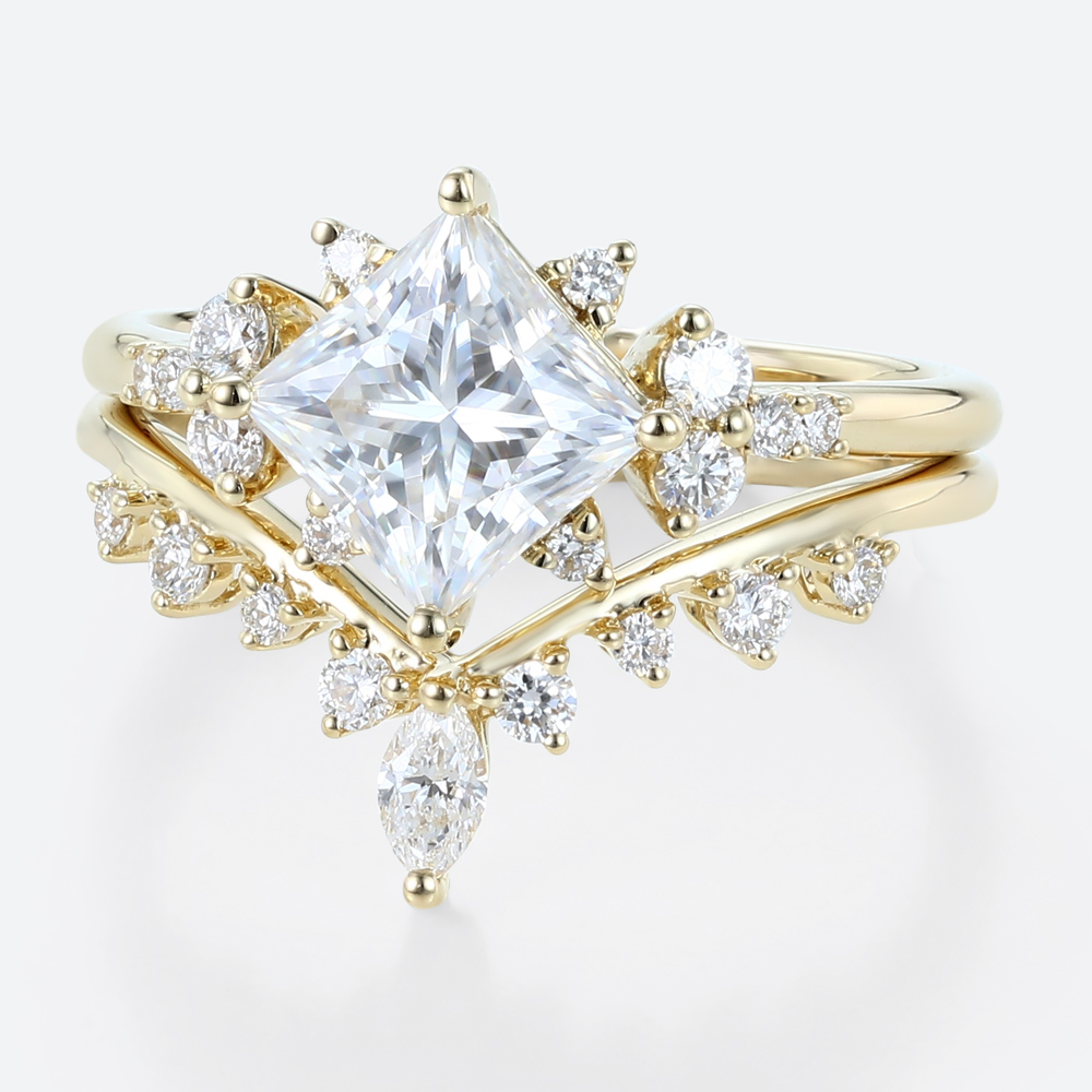 Princess Cut Moissanite Cluster Engagement Ring Set with Curved Wedding Band (7)