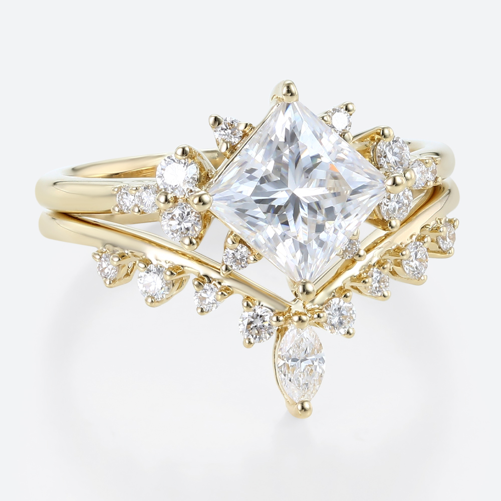Princess Cut Moissanite Cluster Engagement Ring Set with Curved Wedding Band (8)
