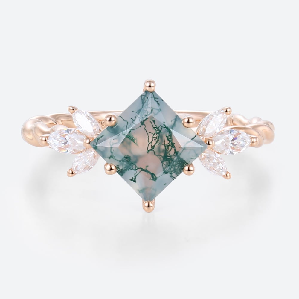 Twisted Moss Agate Engagement Rings Marquise Cut Bridal Ring