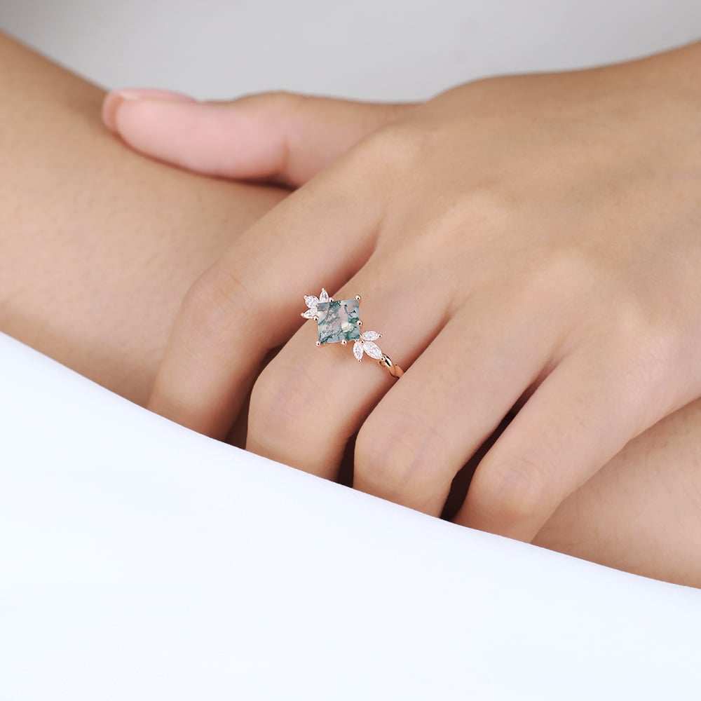 Twisted Moss Agate Engagement Rings Marquise Cut Bridal Ring