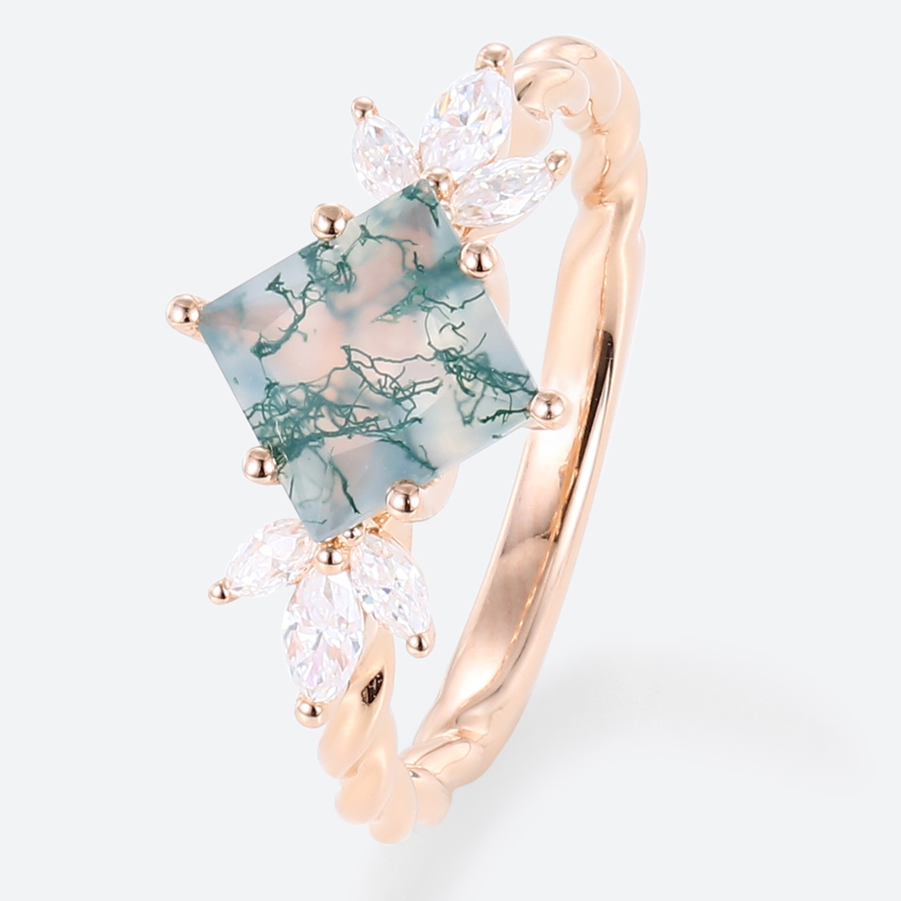 Twisted Moss Agate Engagement Rings Marquise Cut Bridal Ring