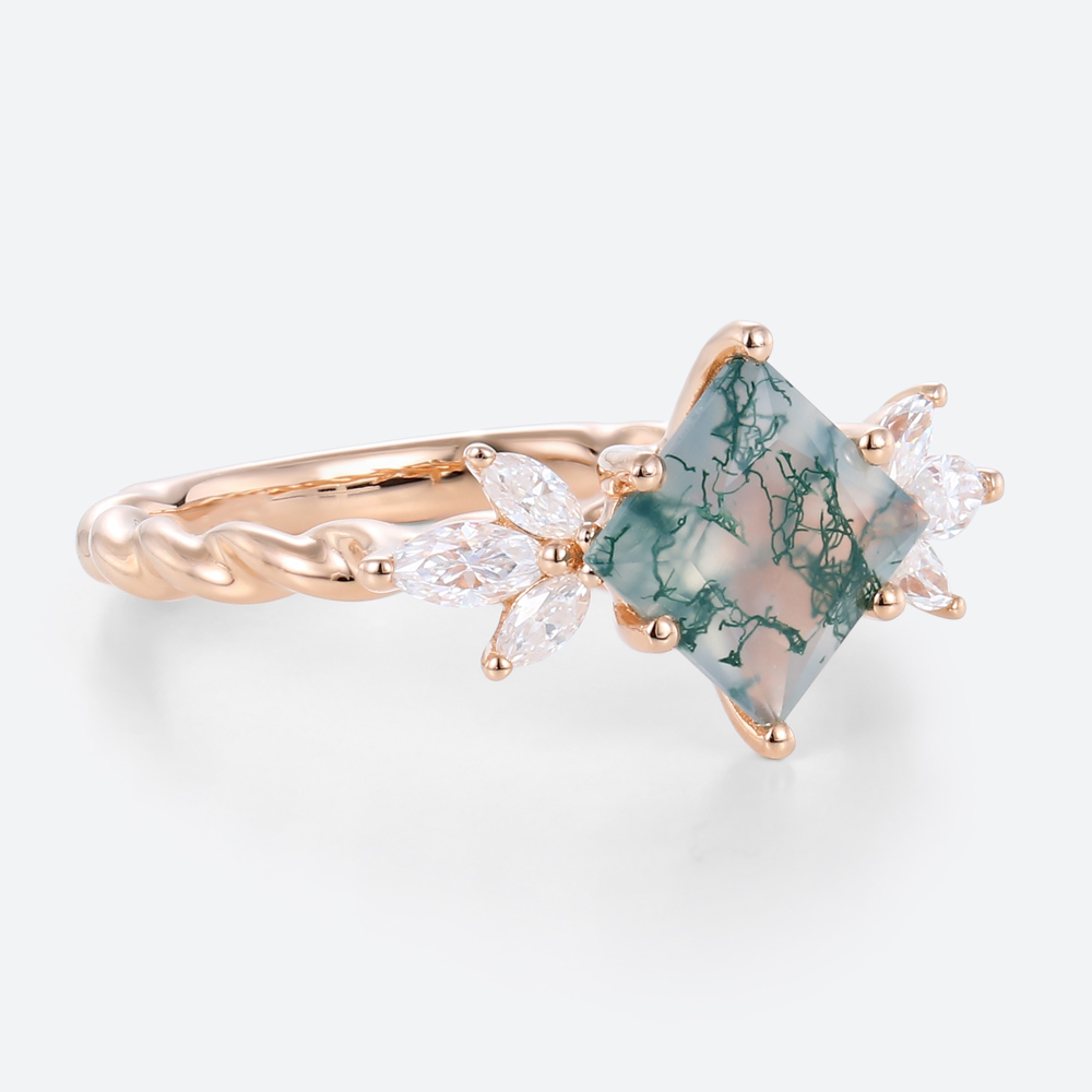 Twisted Moss Agate Engagement Rings Marquise Cut Bridal Ring