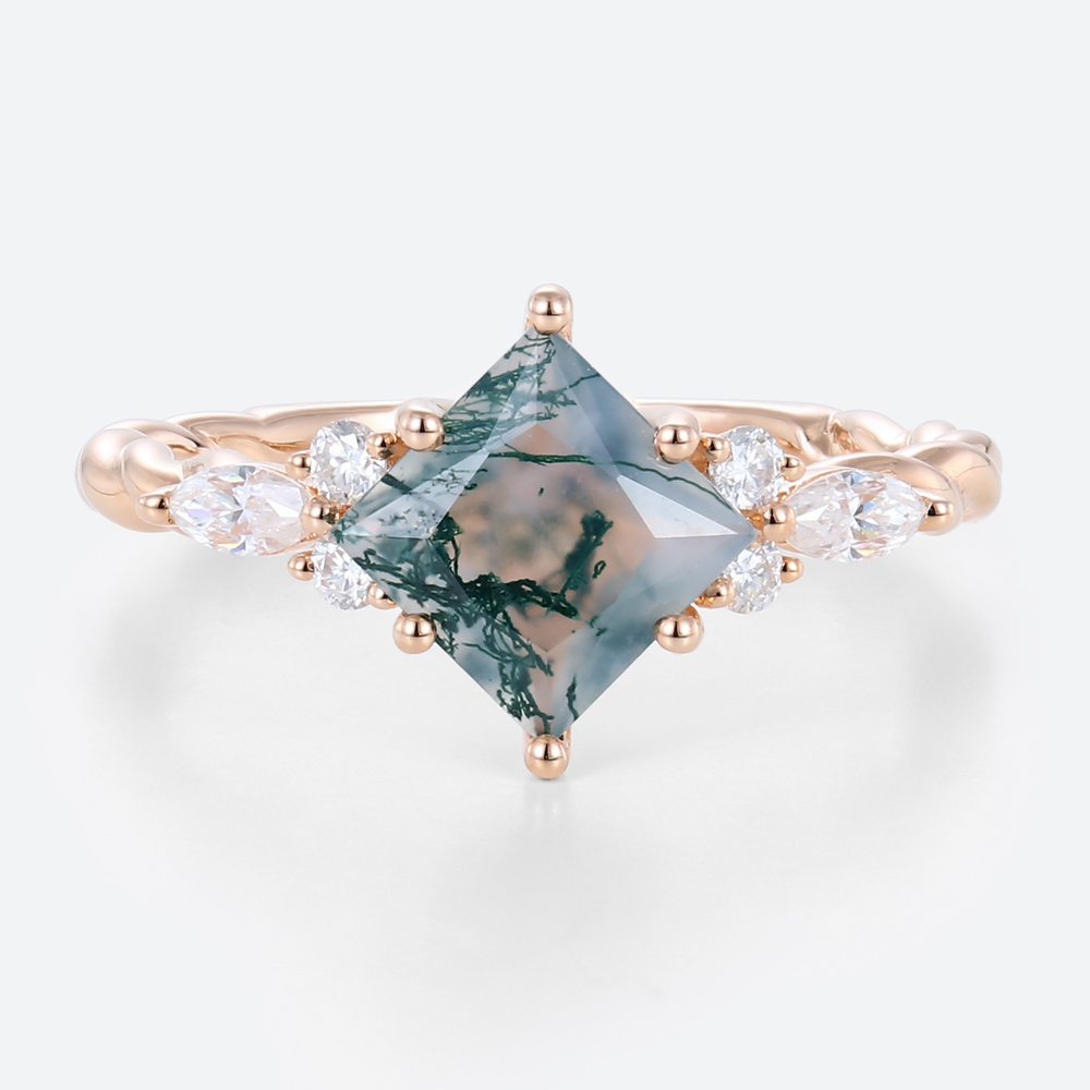 Rose Gold 1.2ct Princess Cut Moss Agate Engagement Ring​ 3/4 Twisted Rings