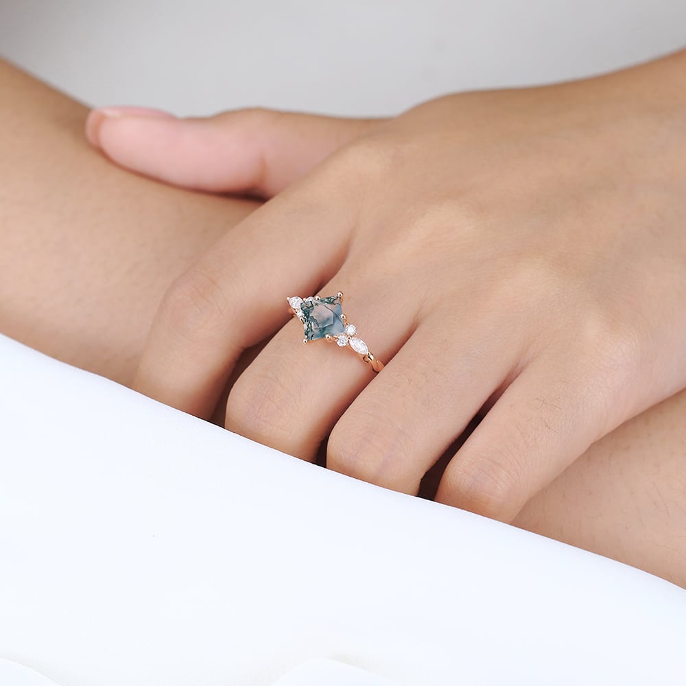 Rose Gold 1.2ct Princess Cut Moss Agate Engagement Ring​ 3/4 Twisted Rings