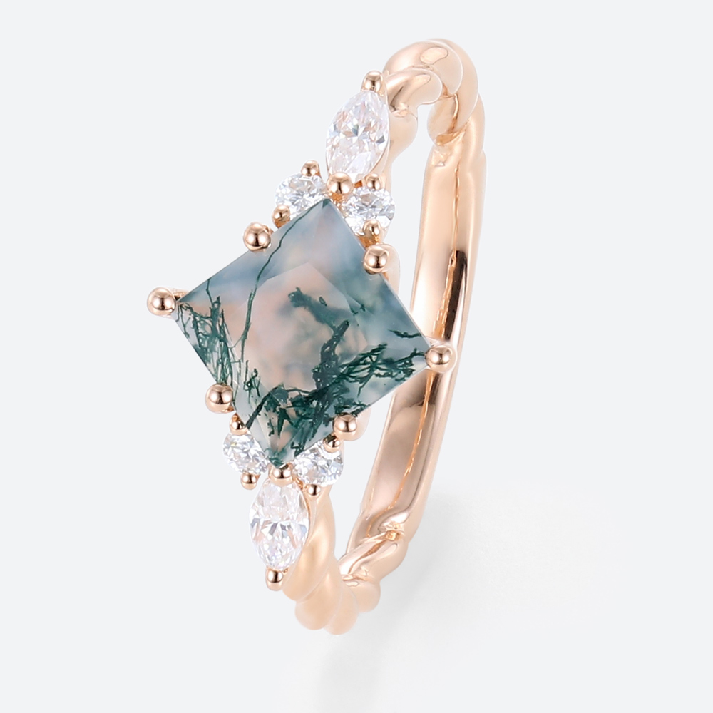 Rose Gold 1.2ct Princess Cut Moss Agate Engagement Ring​ 3/4 Twisted Rings