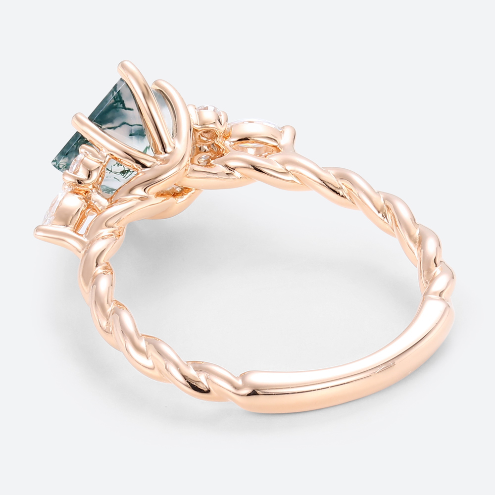 Rose Gold 1.2ct Princess Cut Moss Agate Engagement Ring​ 3/4 Twisted Rings