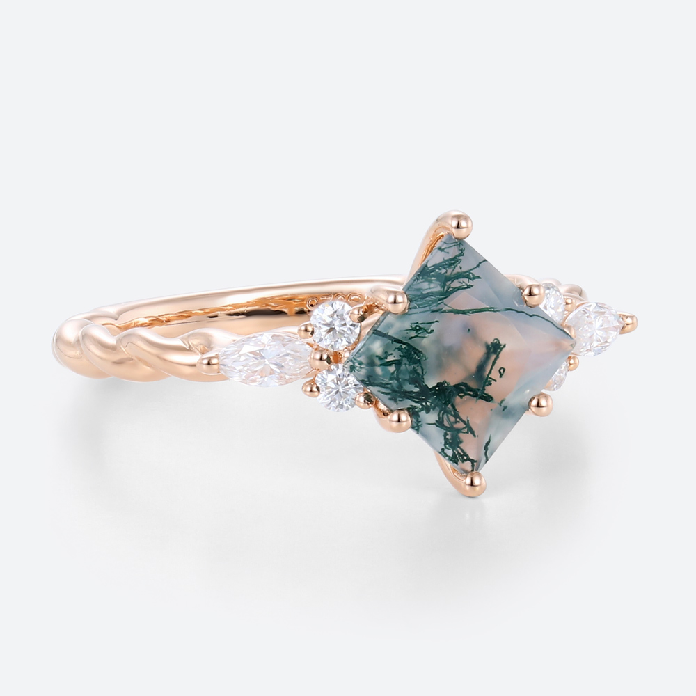 Rose Gold 1.2ct Princess Cut Moss Agate Engagement Ring​ 3/4 Twisted Rings