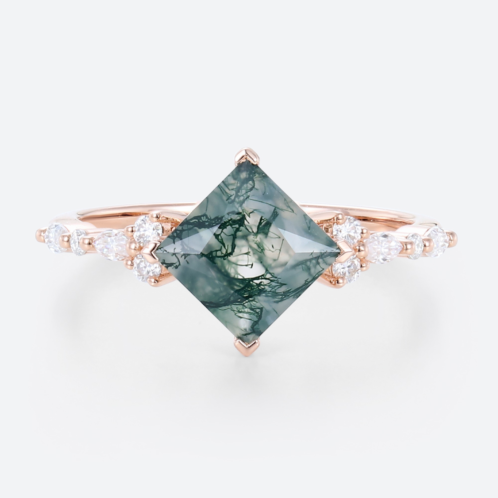 Wedding Ring Princess Cut Rose Gold Vintage Moss Agate Ring