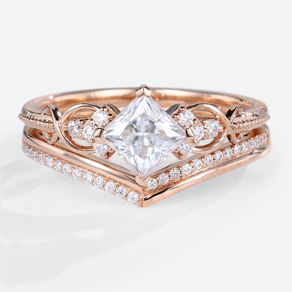 Vintage Wedding Ring Set Princess Cut Diamond Ring Lab Diamonds