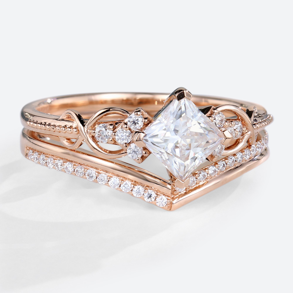 Vintage Wedding Ring Set Princess Cut Diamond Ring Lab Diamonds