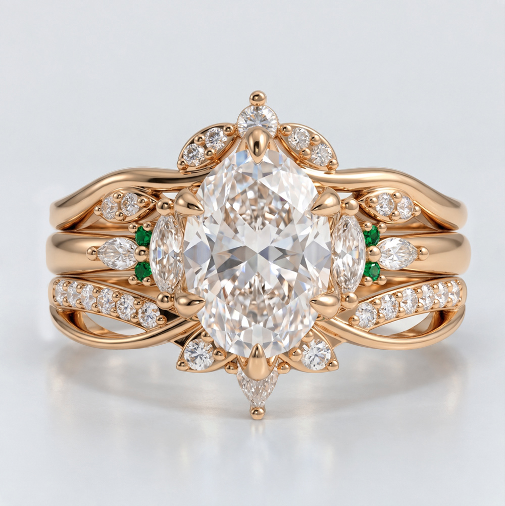 2ct Oval Cut Lab Grown Diamond Dainty 3PCS Bridal Ring Stack in Yellow Gold