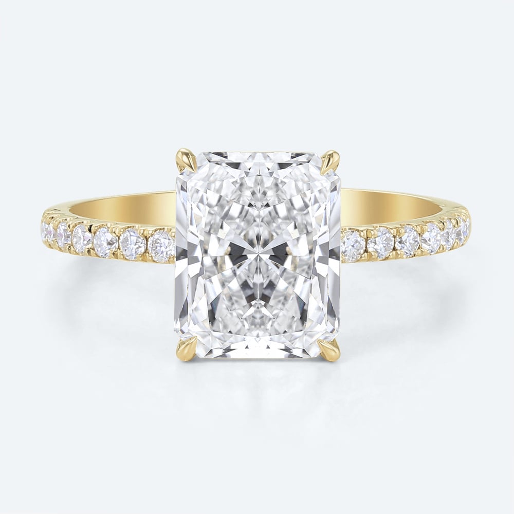3.5ct Radiant Cut Lab Diamond Ring​ Pavé 4 Claw Engagement Ring in Yellow Gold