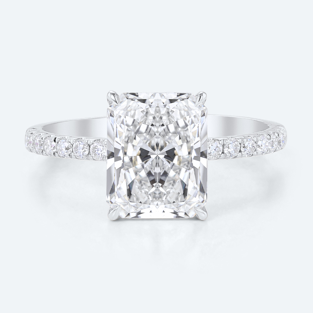 3.5ct Radiant Cut Lab Diamond Ring​ Pavé 4 Claw Engagement Ring in White Gold