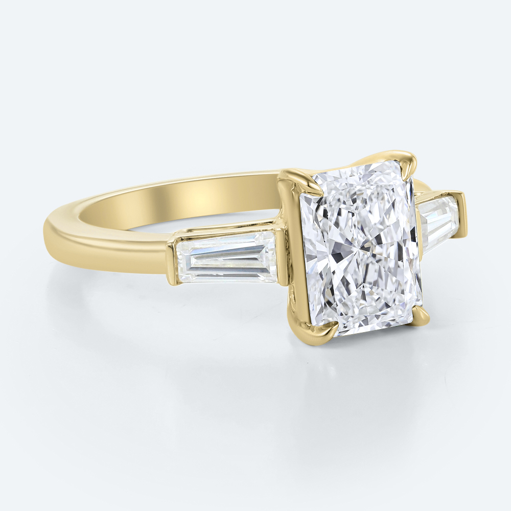Radiant Cut Diamond Engagement Ring Three Stone Lab Diamond Rings in Yellow Gold
