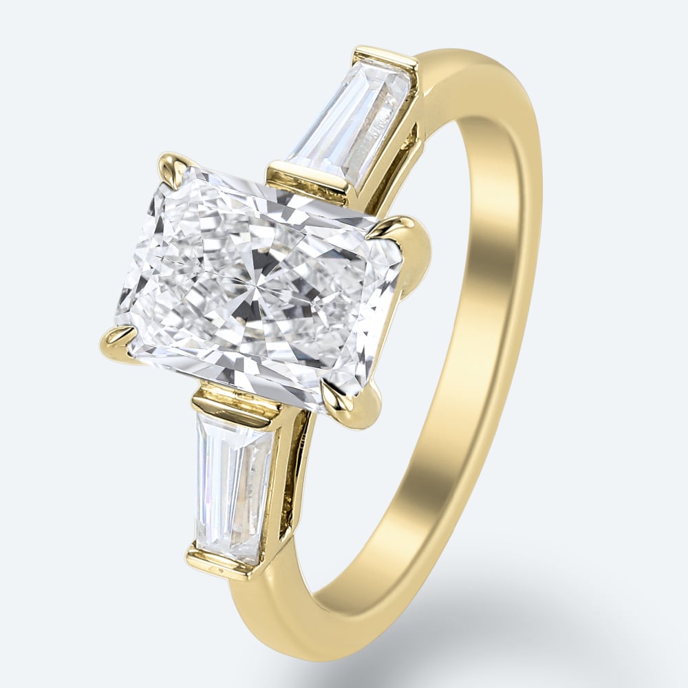 Radiant Cut Diamond Engagement Ring Three Stone Lab Diamond Rings in Yellow Gold