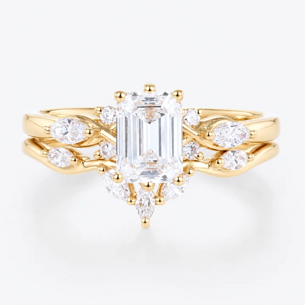 1.5ct Emerald Cut Lab Grown Diamond Winged Marquise Cluster Bridal Ring Set in Rose Gold