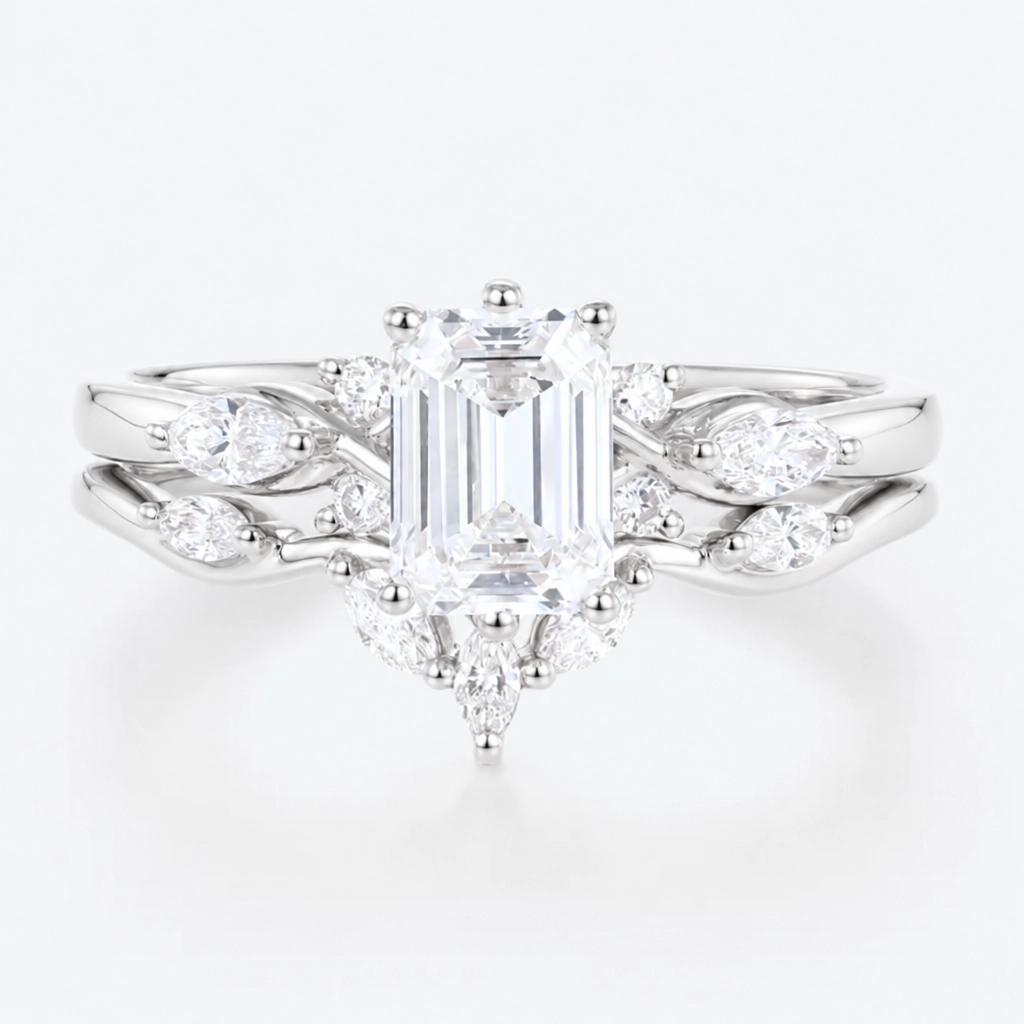 1.5ct Emerald Cut Lab Grown Diamond Winged Marquise Cluster Bridal Ring Set in Rose Gold