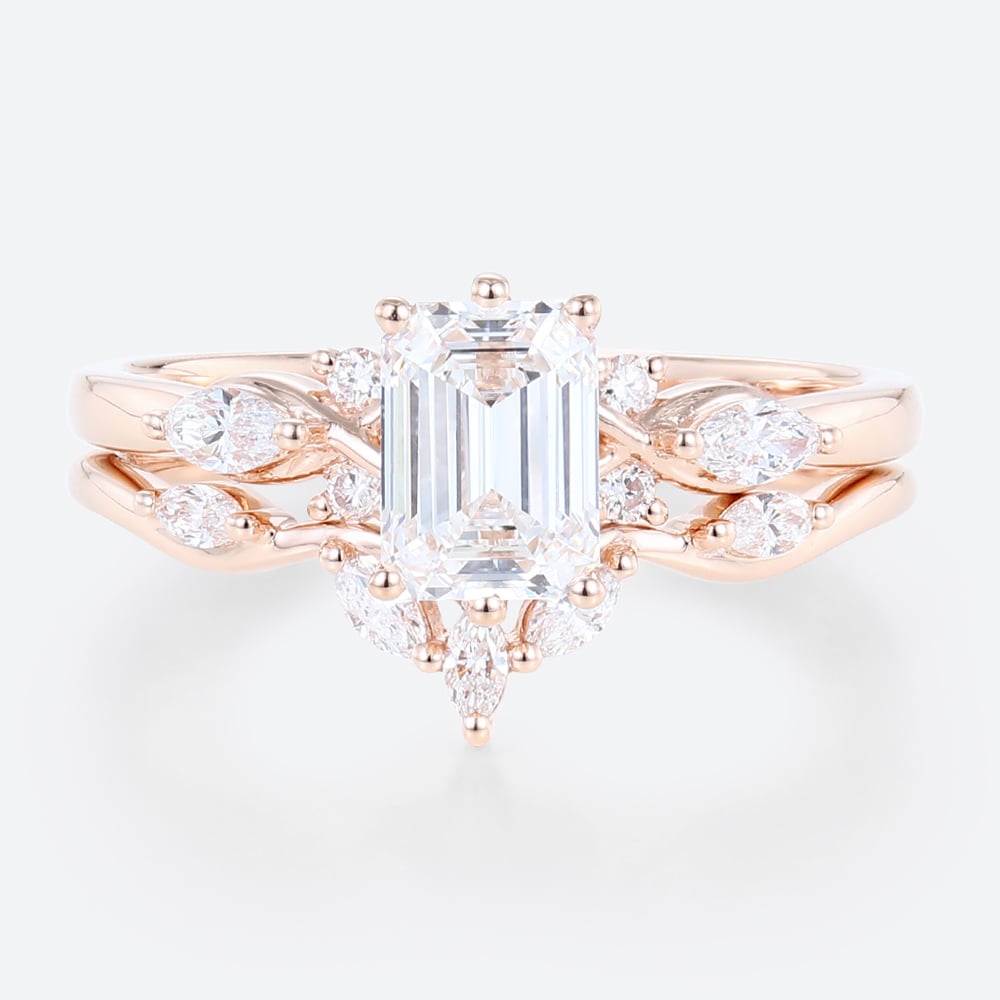 Rose Gold 1CT Emerald Cut Lab Diamond Engagement Ring Set