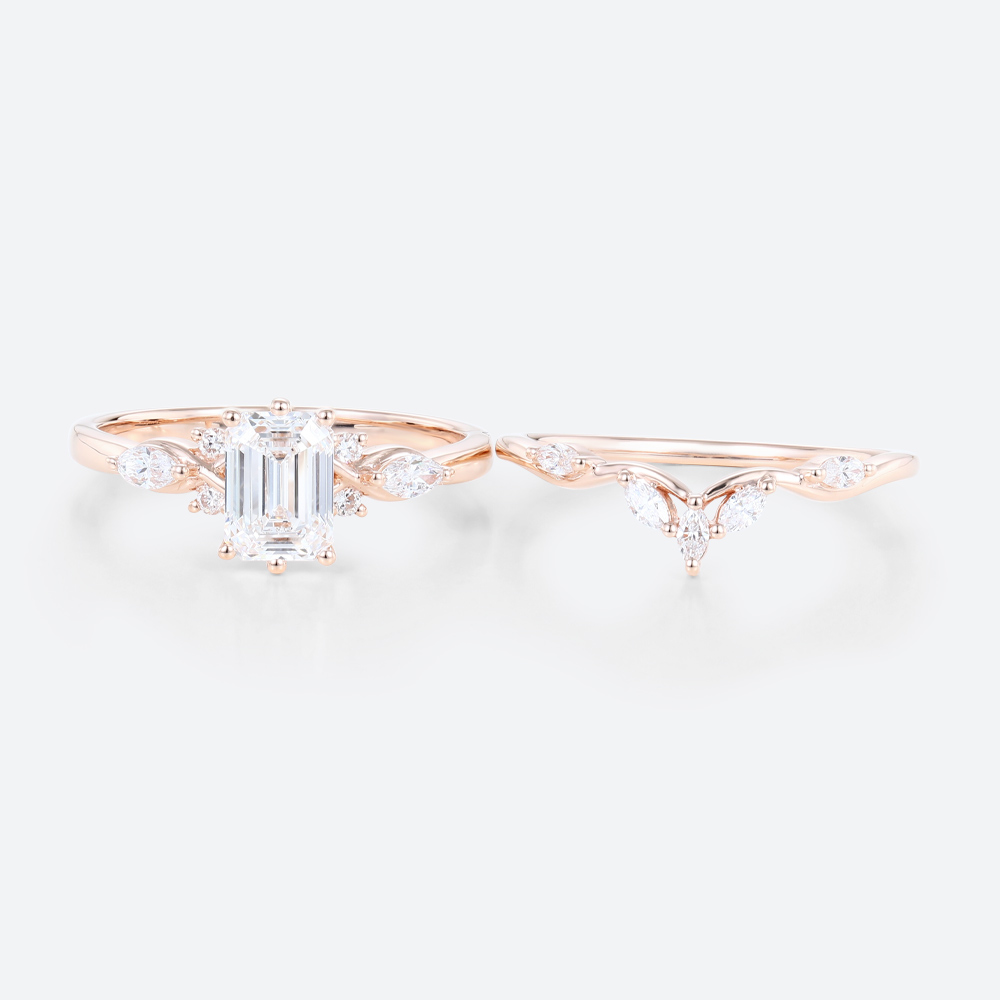 Rose Gold 1CT Emerald Cut Lab Diamond Engagement Ring Set