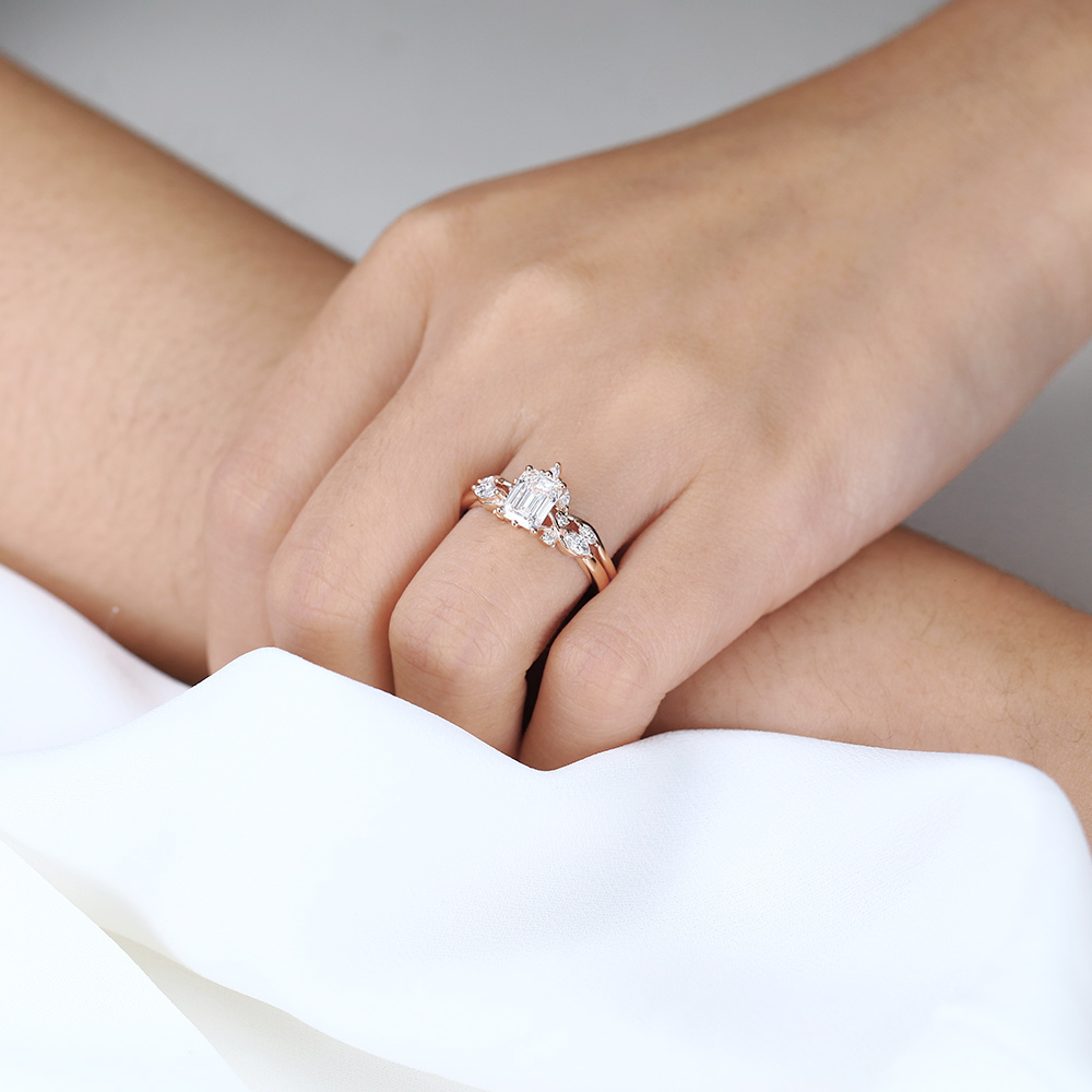 Rose Gold 1CT Emerald Cut Lab Diamond Engagement Ring Set
