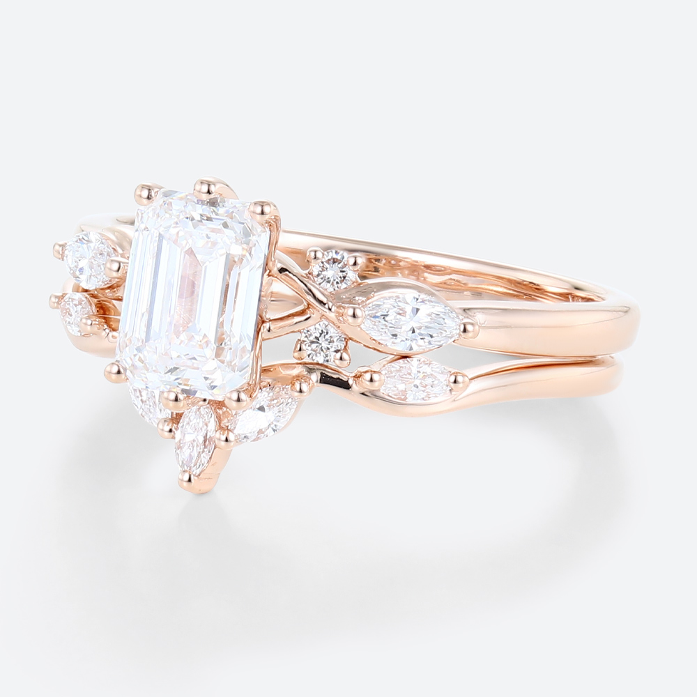 Rose Gold 1CT Emerald Cut Lab Diamond Engagement Ring Set