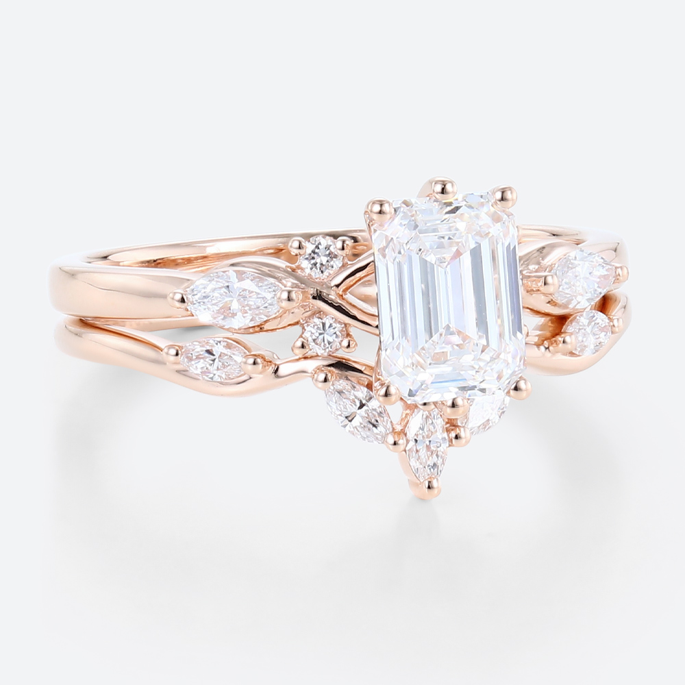 Rose Gold 1CT Emerald Cut Lab Diamond Engagement Ring Set