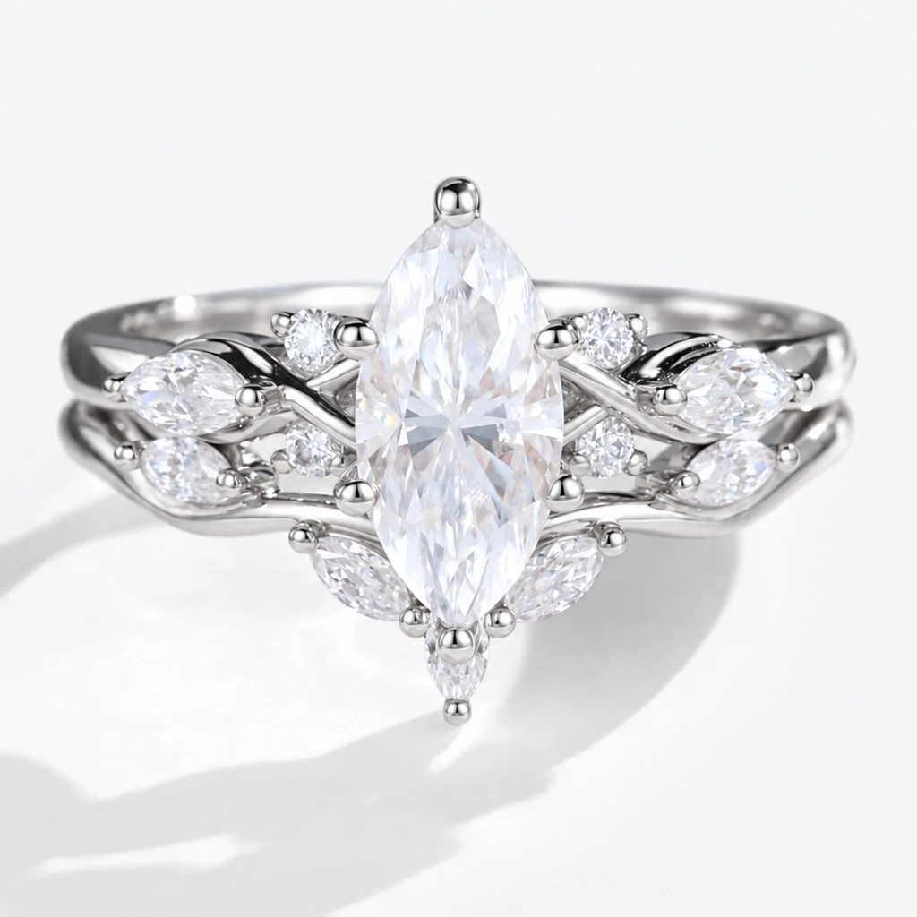 1ct Marquise Cut Lab Grown Diamond Winged Marquise Cluster Bridal Ring Set with Curved Stacking Band in Rose Gold