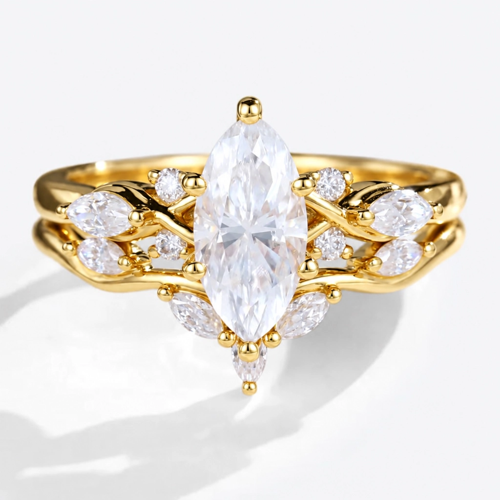 1ct Marquise Cut Lab Grown Diamond Winged Marquise Cluster Bridal Ring Set with Curved Stacking Band in Rose Gold
